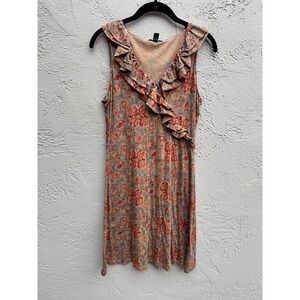 Ralph Lauren Tan Burnt Red Sleeveless Ruffle Cotton Dress SMALL